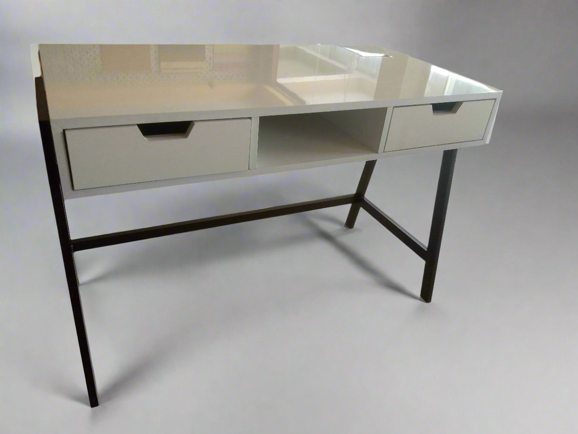 Modern White Study Table with Sleek Black Metal Frame