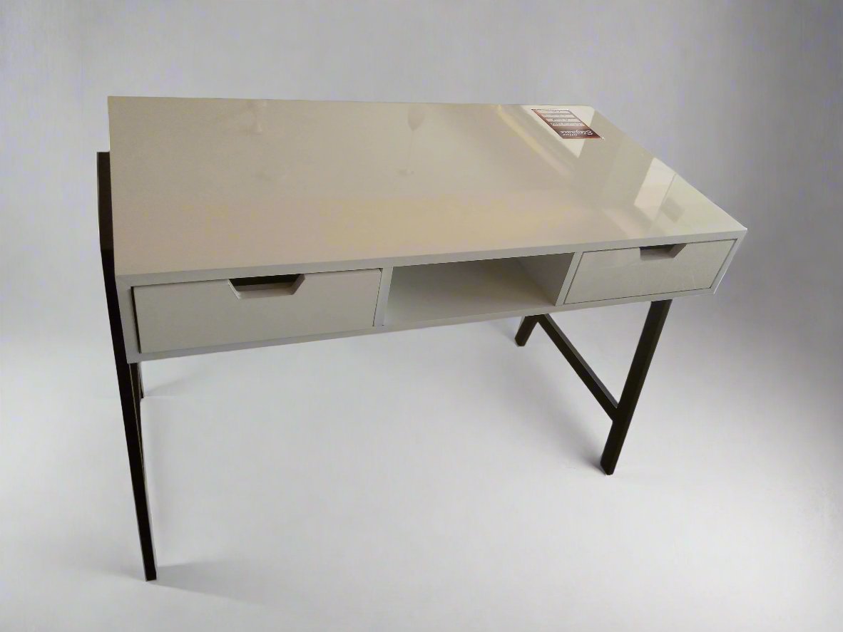 Modern White Study Table with Sleek Black Metal Frame