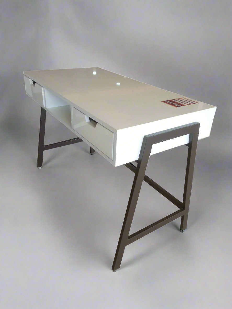 Modern White Study Table with Sleek Black Metal Frame